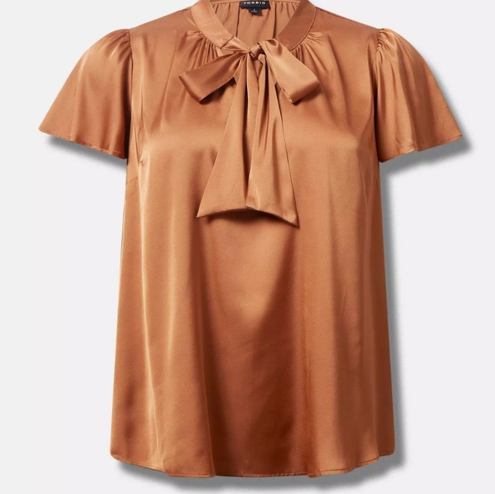 Torrid | Satin Golden Rust Brown Necktie Accent Blouse - Picture 6 of 11